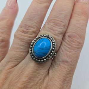 Vintage HAN 925 Sterling Silver Real Cabochon Turquoise Beaded Ring Size 6